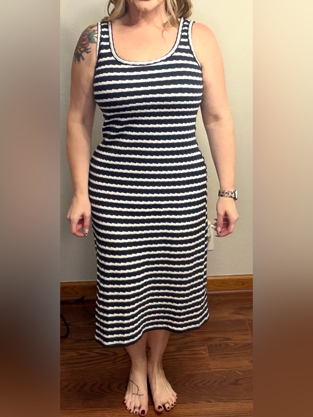 Maurices 24/7 Navy White Striped Textured Midi Tank Dress M Shelf Bra